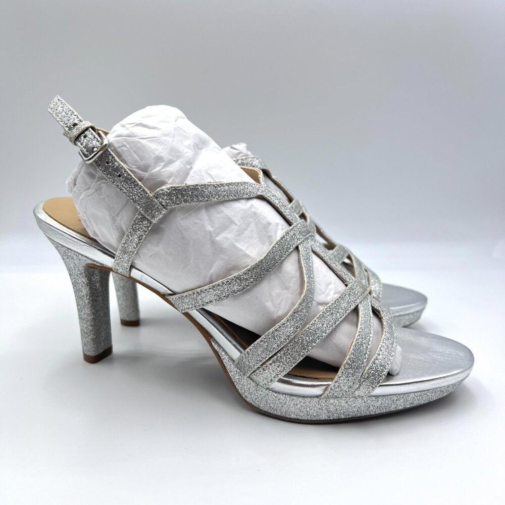 Naturalizer Womens Size 10 10M Baylor‎ Silver Strappy Dress Sandals Heels Shoes